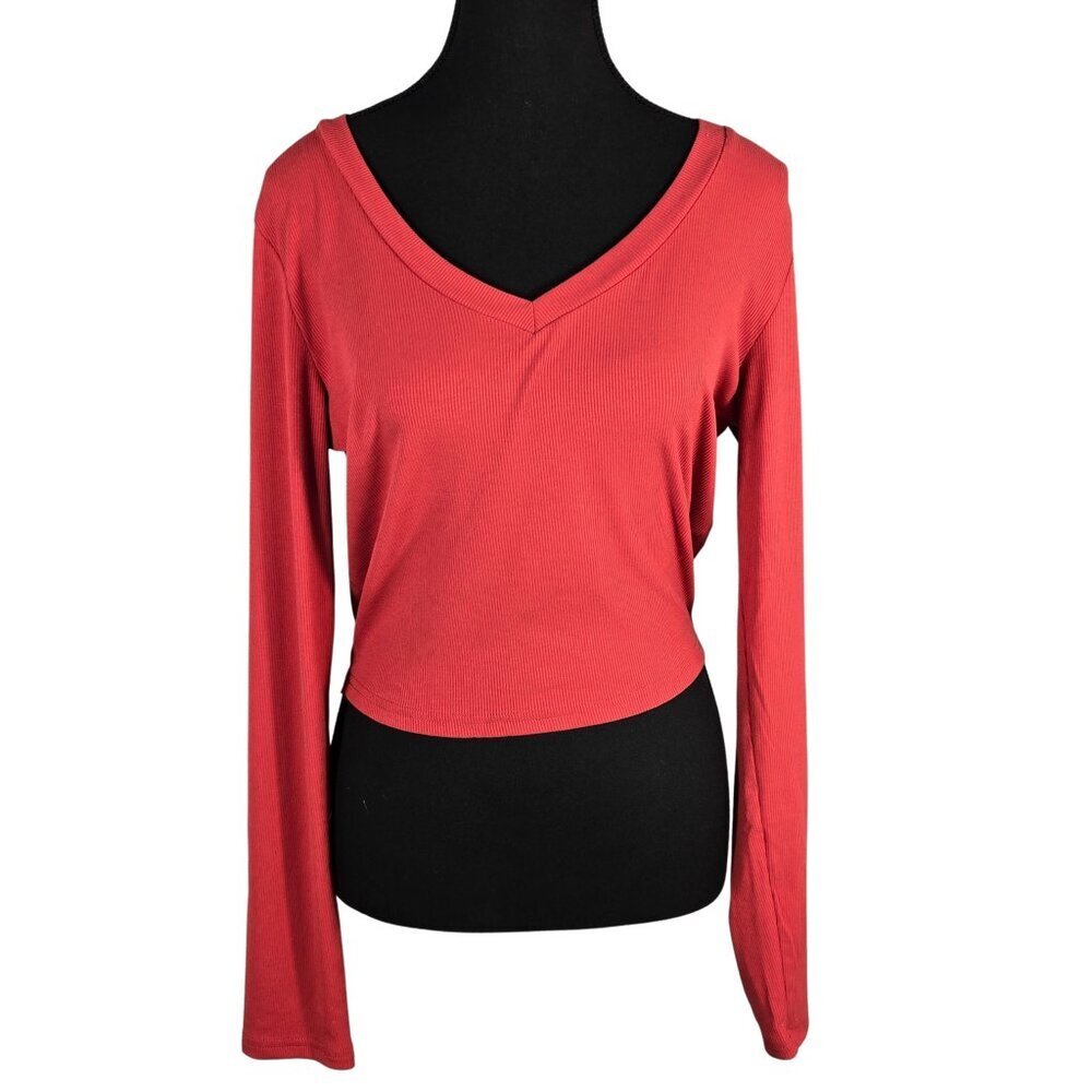 NWOT | Ribbed Knit V-Neck Long Sleeve Crop Top Sweater Tee | XLarge